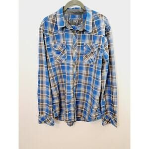 BKE Men's Blue Plaid Western Style Button Up Shirt In Size Large
